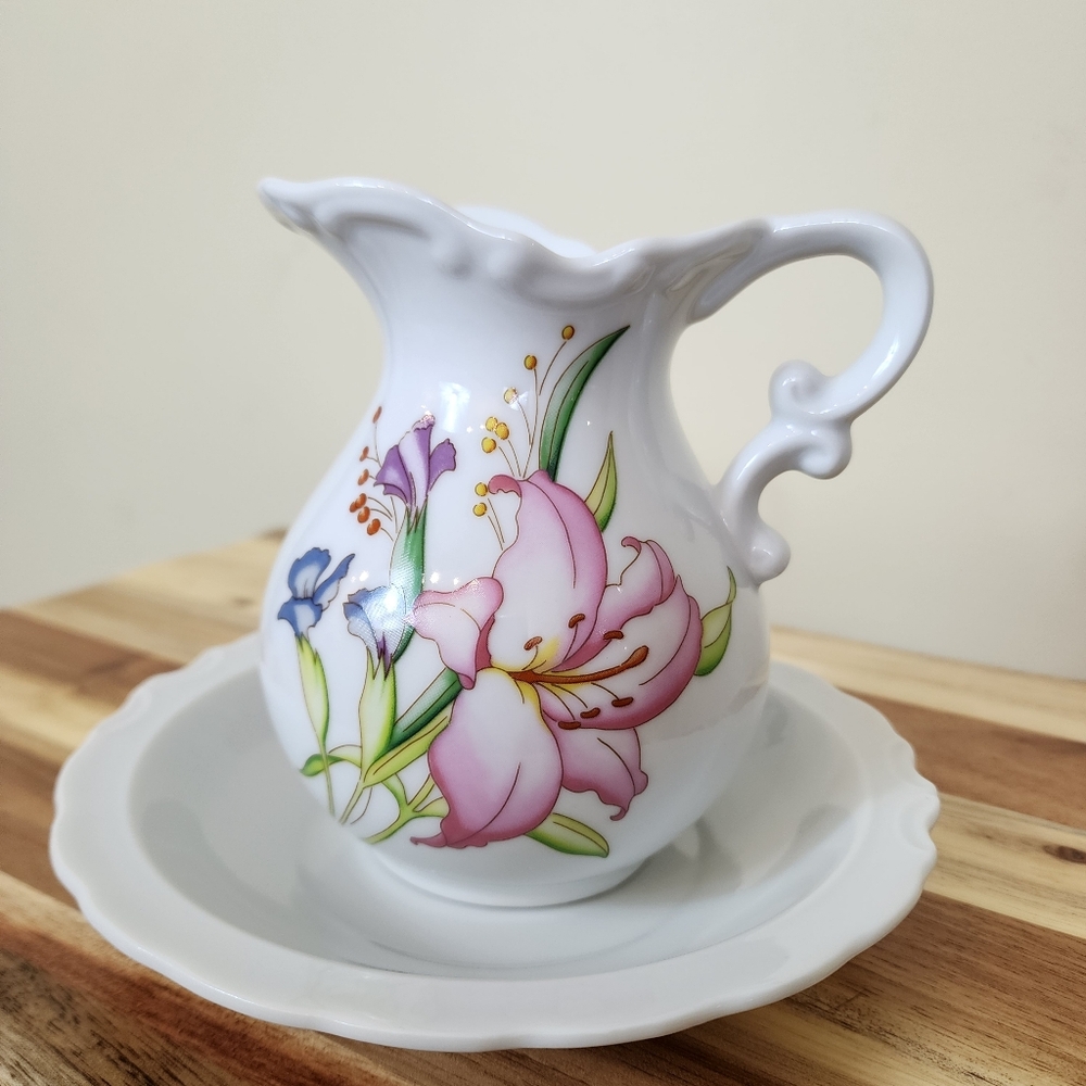 White Ceramic Lily Floral Pitcher and Bowl Marked Japan